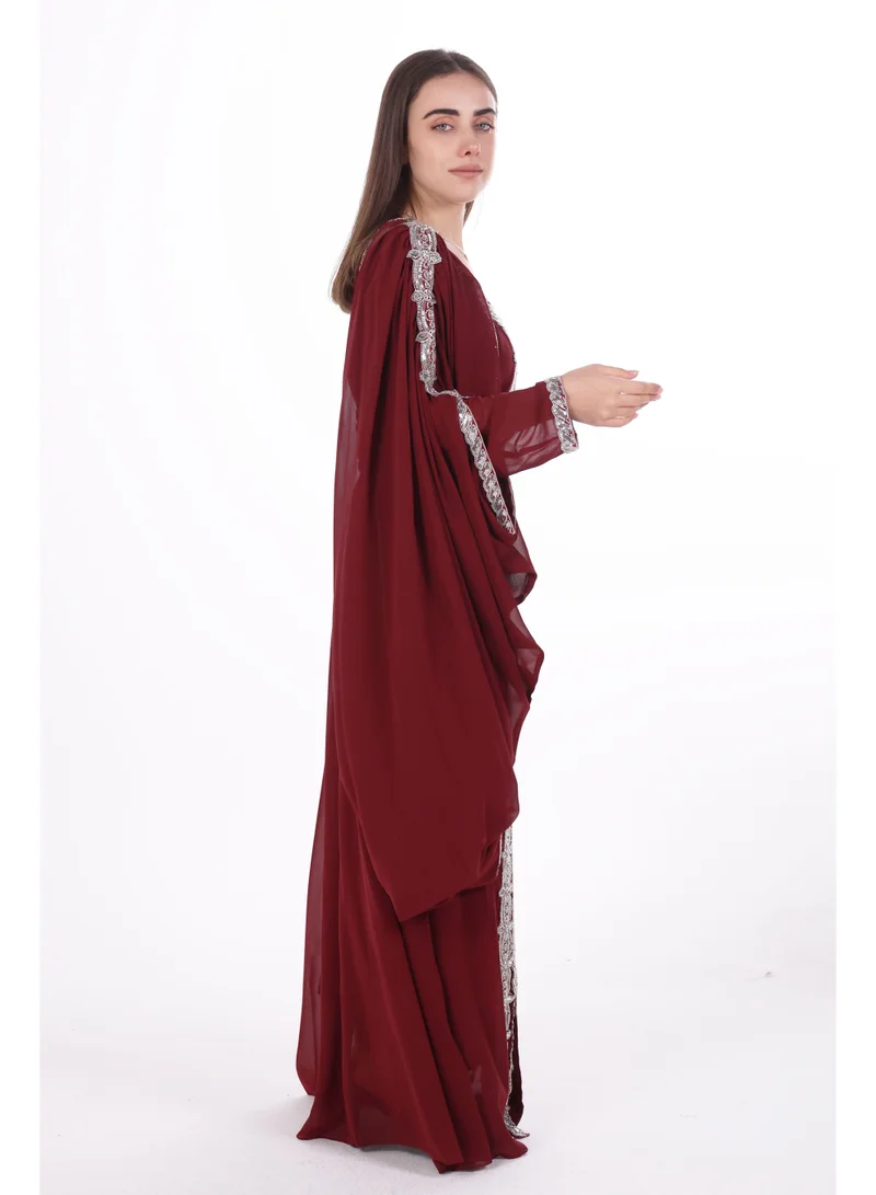 AL BENT AL SHARQIEH burgundy emboidered chiffon kaftan dress for Women | Best Price UAE